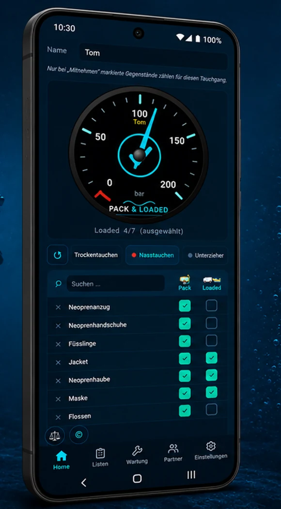 Vorschau der Pack & Loaded App mit Finimeter und Ausrüstungs-Checkliste