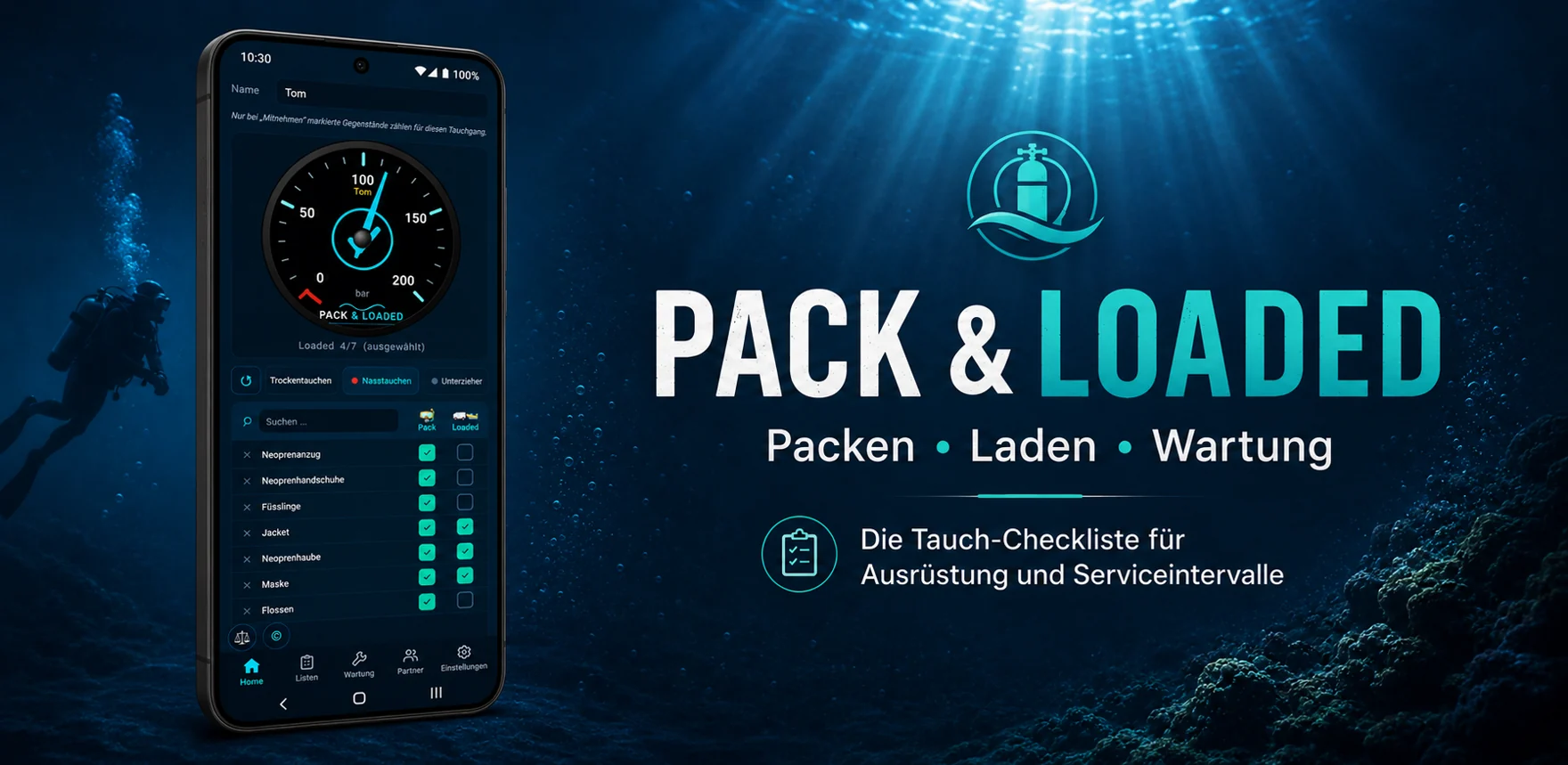 Pack & Loaded App für Tauch-Checklisten, Packkontrolle und Wartungsintervalle